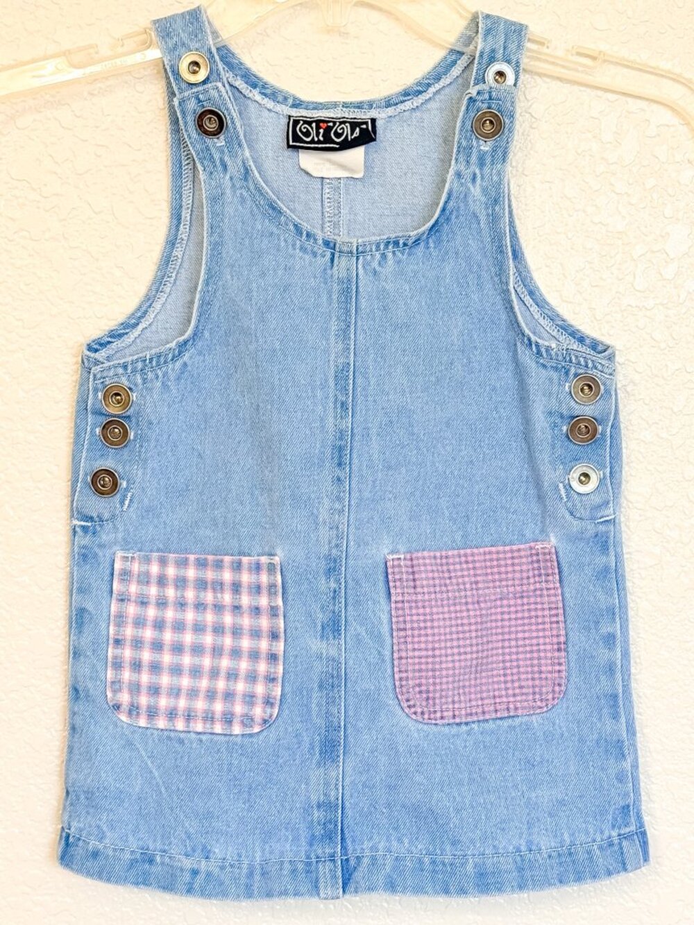 Vintage 90s Oli Ola Denim Overalls Jumper Dress Girls 3T Gingham Pockets